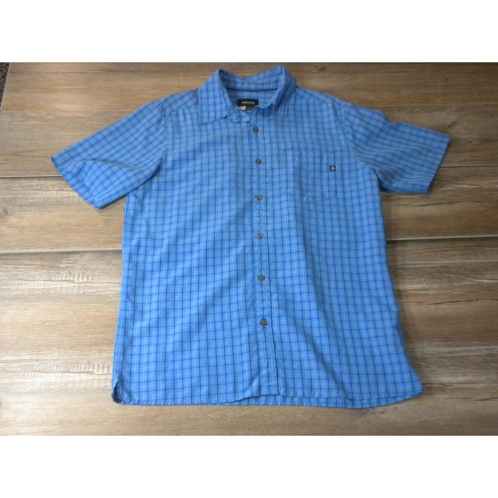 Marmot Shirt Mens M Blue Plaid Button Up Granola Outdoor Hiking Trail Breathable
